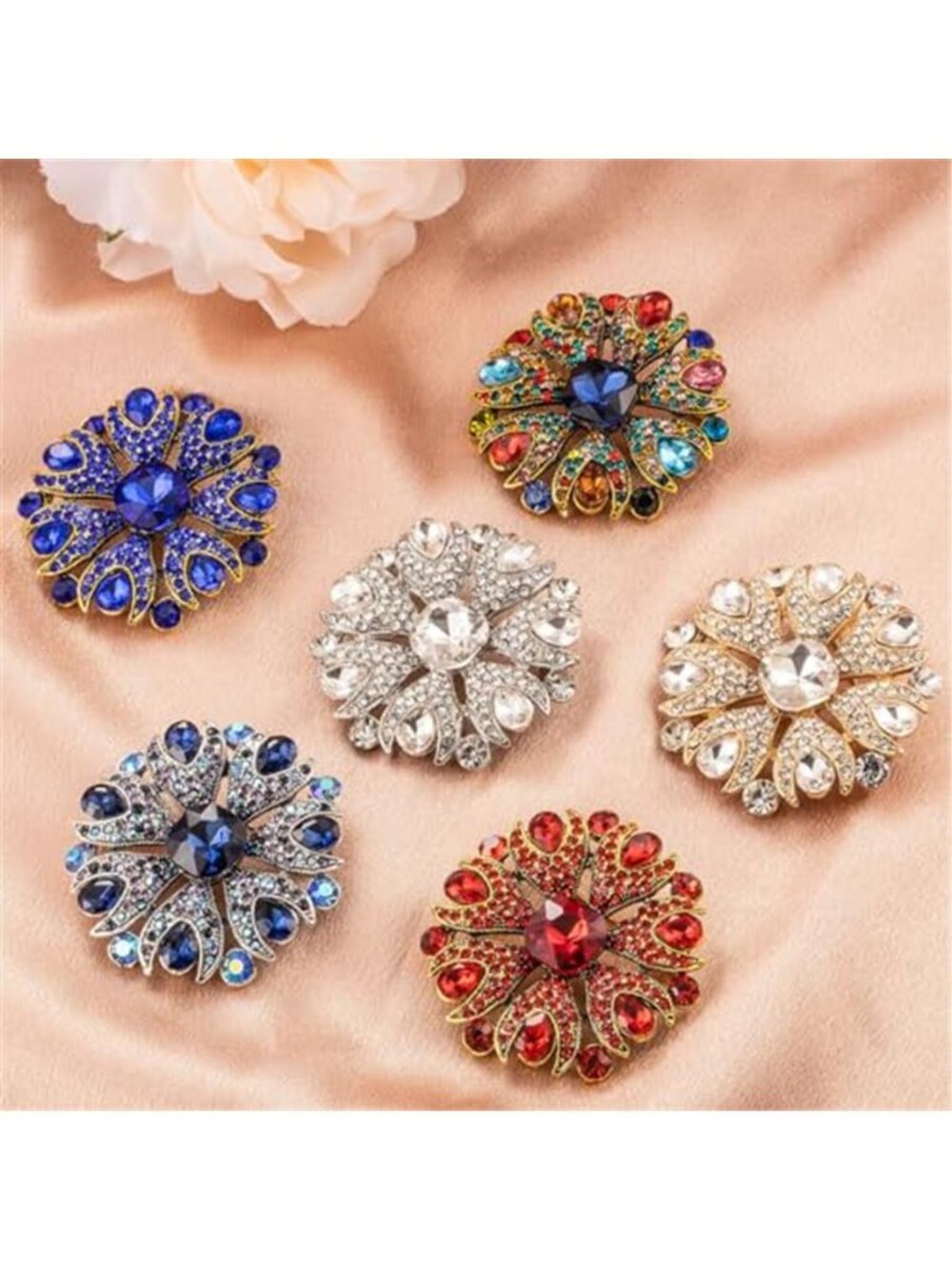 Vintage Flower Austrian Crystal Brooch Pin for Women Round Elegant - Picture 5 of 5